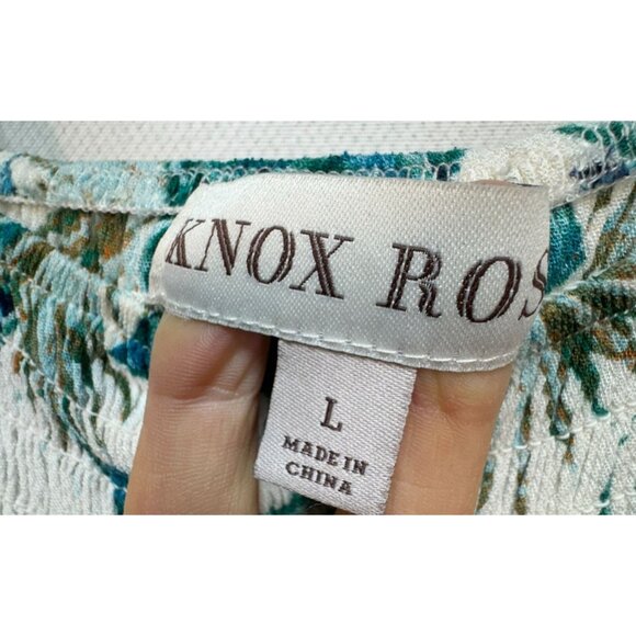 Knox Rose Womens Palm Print Midi Dress L White Green Strappy Smocked Bodice - Picture 2 of 14